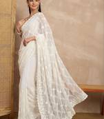 White floral embroidered  georgette heavy work saree