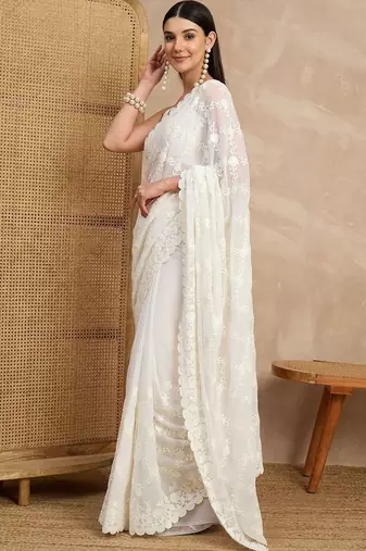 White floral embroidered  georgette heavy work saree