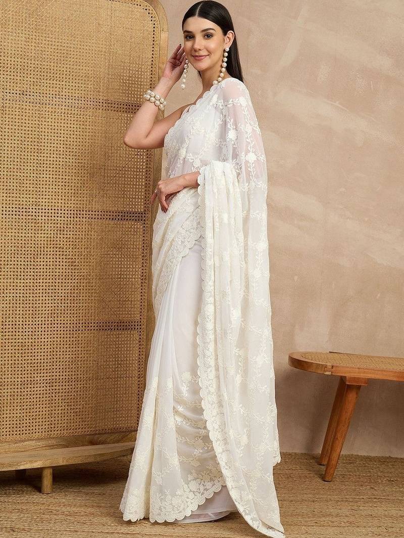 White floral embroidered  georgette heavy work saree