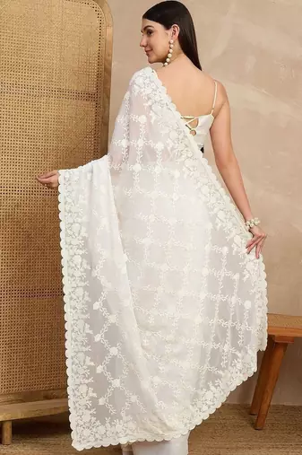 White floral embroidered  georgette heavy work saree