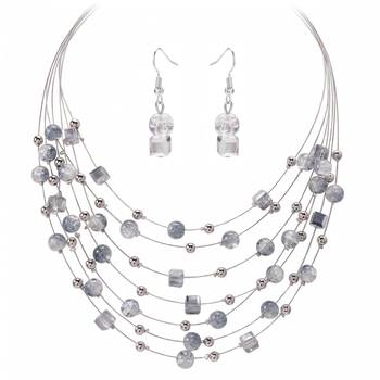 Grey fancy layered necklace earrings set beads studded festive 1