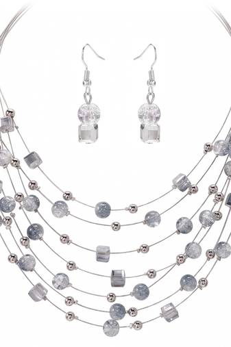Grey fancy layered necklace earrings set beads studded festive