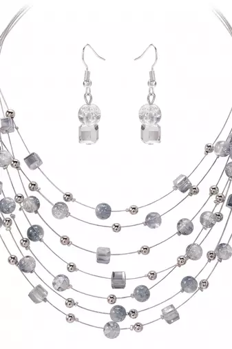 Grey fancy layered necklace earrings set beads studded festive