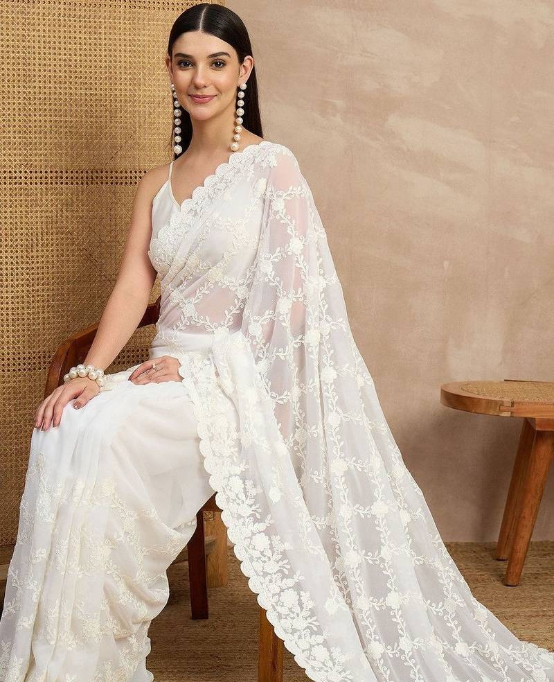 White floral embroidered  georgette heavy work saree