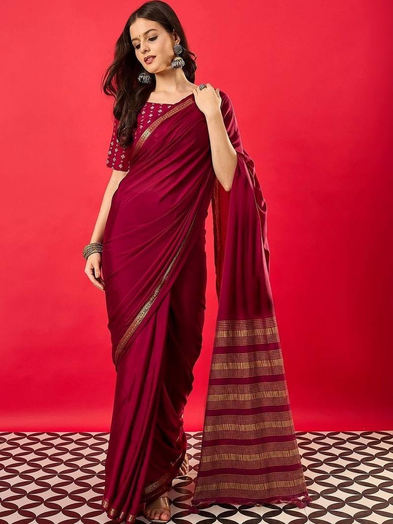 Maroon striped silk blend designer mysore silk saree