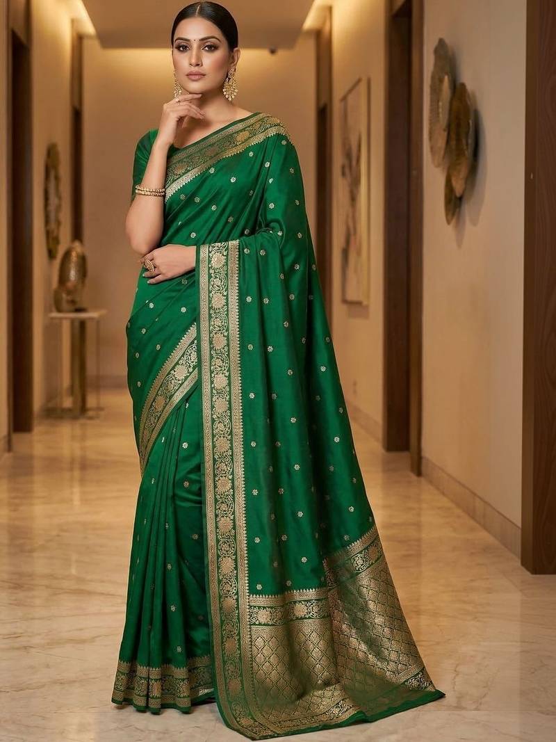 Green zari silk blend designer banarasi saree