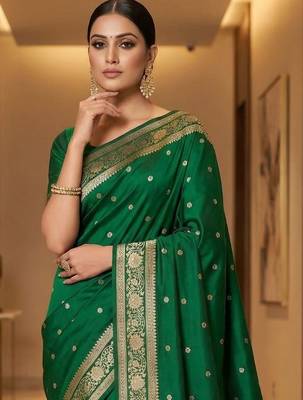 Green zari silk blend designer banarasi saree 2