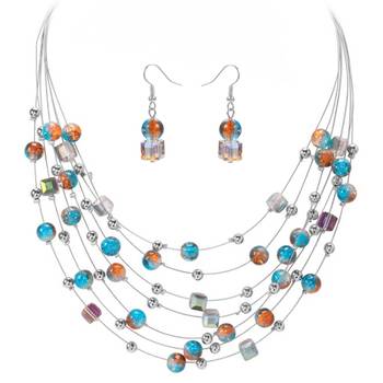 Multi fancy layered necklace earrings set beads studded festive 1
