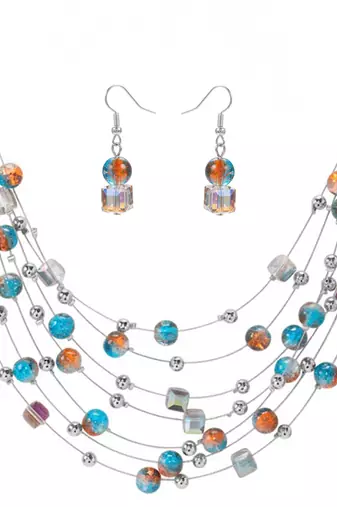 Multi fancy layered necklace earrings set beads studded festive
