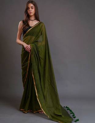 Olive  cotton saree 1