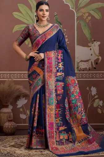 Navy blue ethnic motifs zari silk blend heavy work banarasi saree