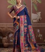 Navy blue ethnic motifs zari silk blend heavy work banarasi saree