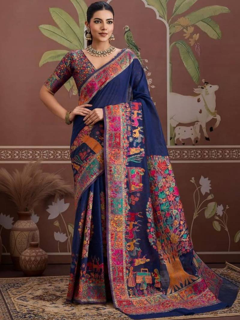 Navy blue ethnic motifs zari silk blend heavy work banarasi saree