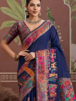 Navy blue ethnic motifs zari silk blend heavy work banarasi saree 2