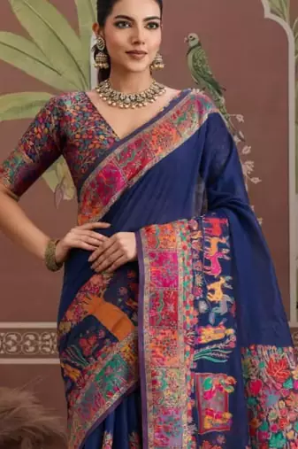 Navy blue ethnic motifs zari silk blend heavy work banarasi saree