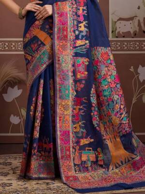 Navy blue ethnic motifs zari silk blend heavy work banarasi saree 3