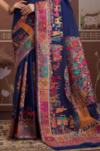 Navy blue ethnic motifs zari silk blend heavy work banarasi saree