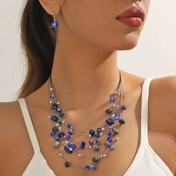 Blue black western layered necklace earrings set for women 1