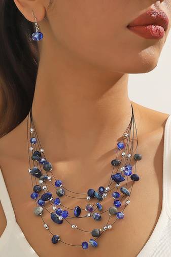 Blue black western layered necklace earrings set for women