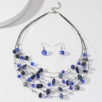 Blue black western layered necklace earrings set for women 2