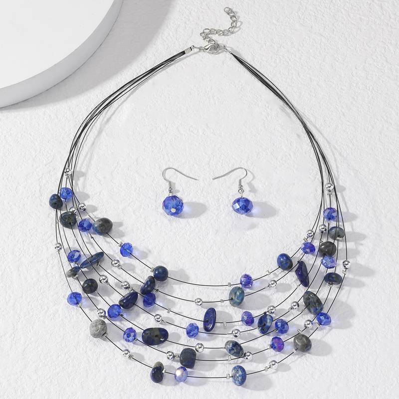 Blue black western layered necklace earrings set for women