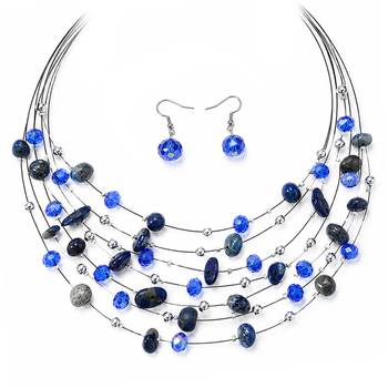 Blue black western layered necklace earrings set for women 4