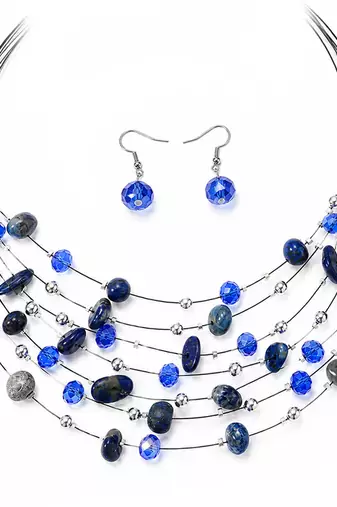 Blue black western layered necklace earrings set for women