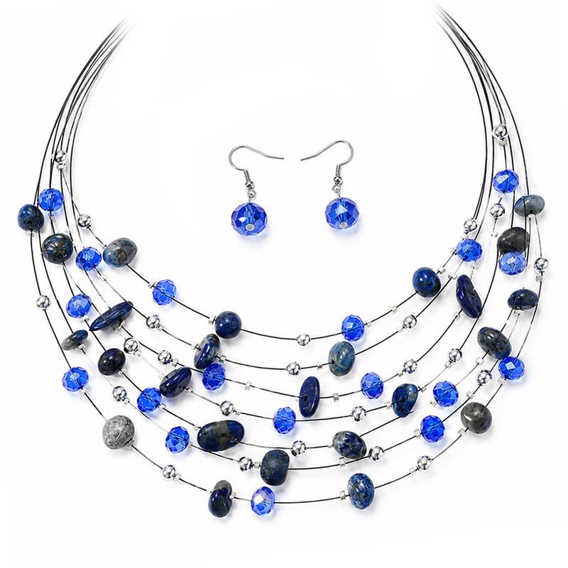 Blue black western layered necklace earrings set for women
