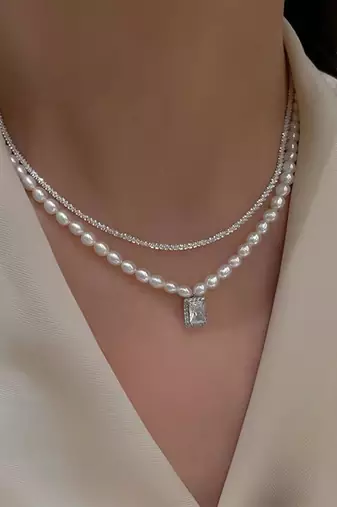 White fancy two necklace set pearl crystal studded festive casual