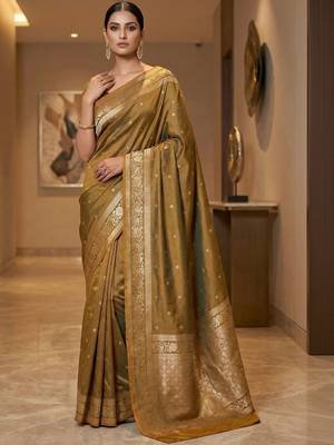 Olive zari silk blend designer banarasi saree 1