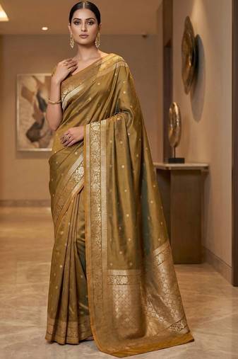 Olive zari silk blend designer banarasi saree