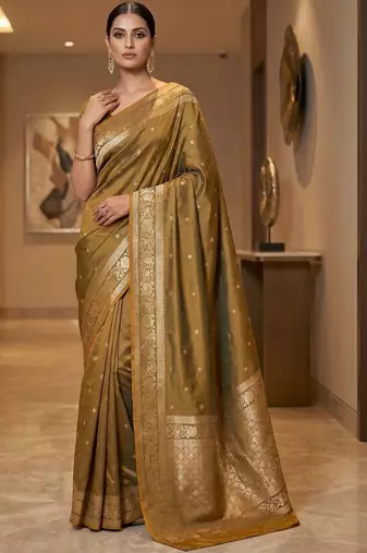 Olive zari silk blend designer banarasi saree