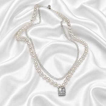 White fancy two necklace set pearl crystal studded festive casual 2