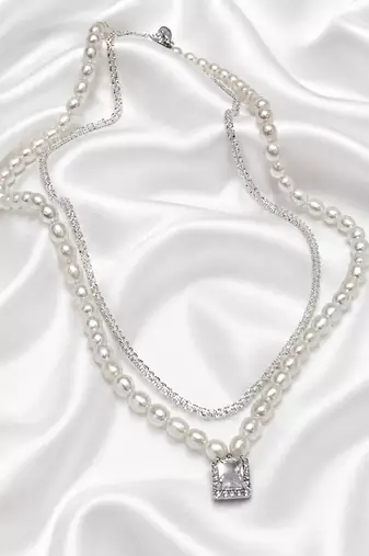 White fancy two necklace set pearl crystal studded festive casual