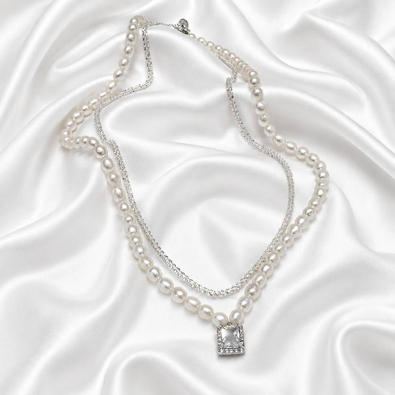 White fancy two necklace set pearl crystal studded festive casual