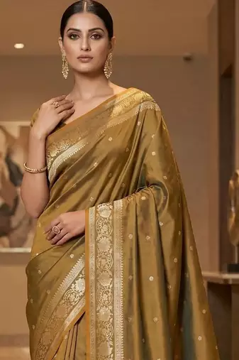 Olive zari silk blend designer banarasi saree