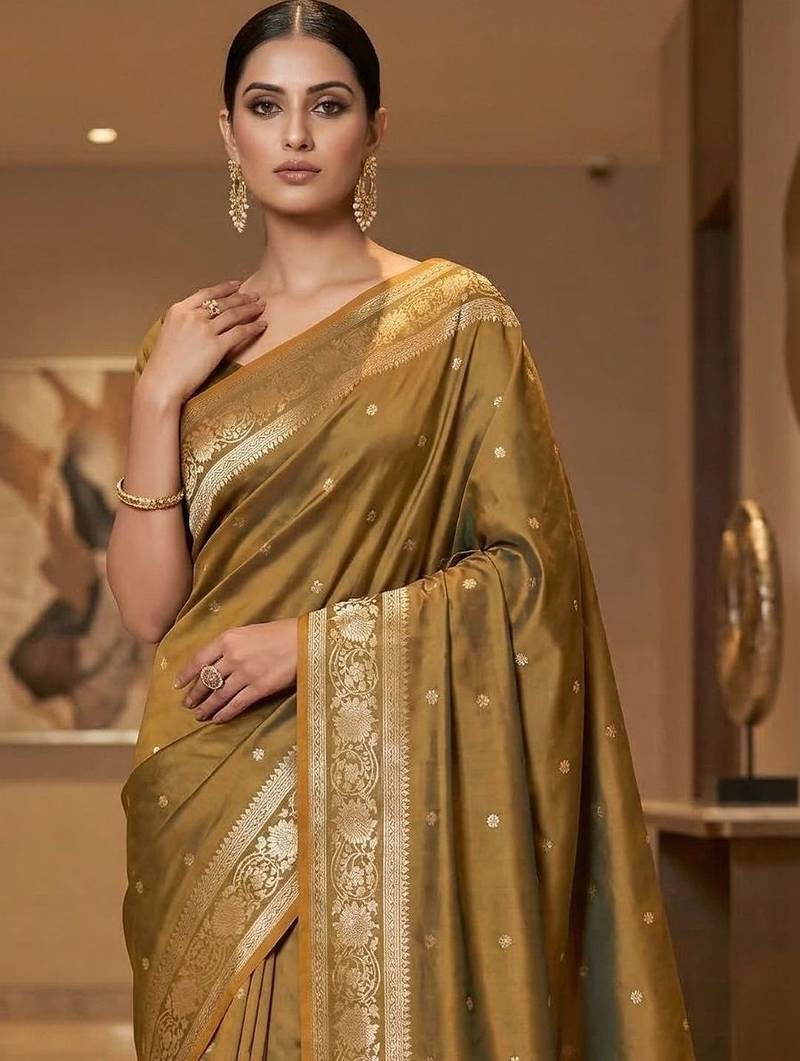 Olive zari silk blend designer banarasi saree