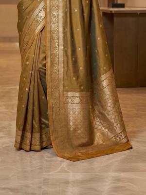 Olive zari silk blend designer banarasi saree 3