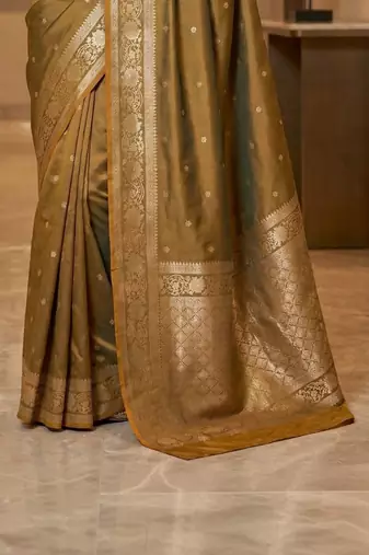 Olive zari silk blend designer banarasi saree