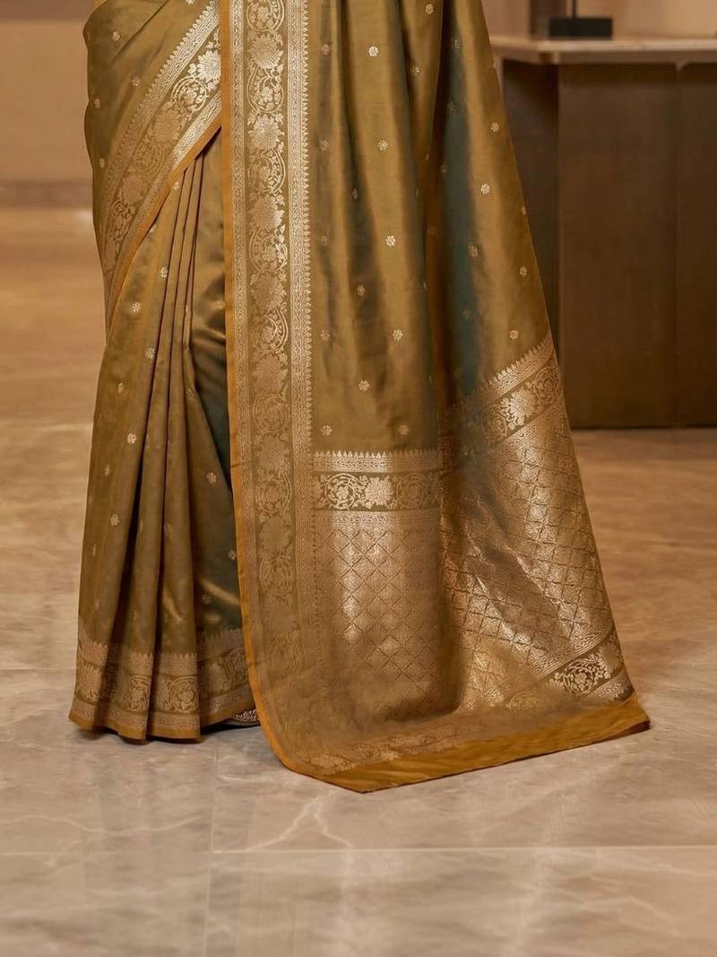 Olive zari silk blend designer banarasi saree