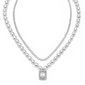 White fancy two necklace set pearl crystal studded festive casual 3