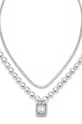 White fancy two necklace set pearl crystal studded festive casual