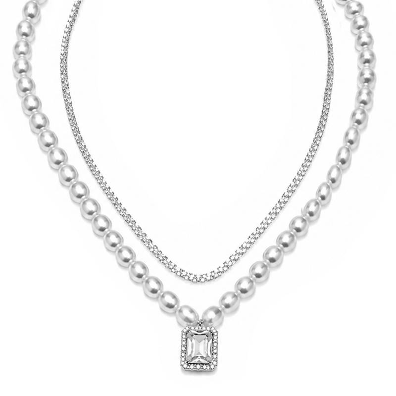 White fancy two necklace set pearl crystal studded festive casual
