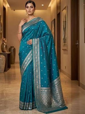 Teal zari silk blend designer banarasi saree 1