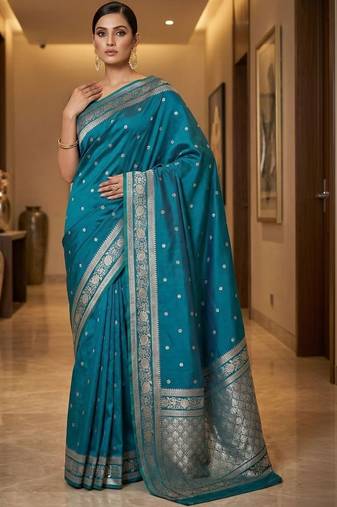 Teal zari silk blend designer banarasi saree