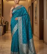 Teal zari silk blend designer banarasi saree
