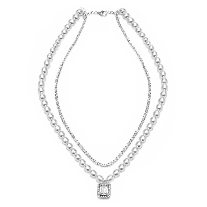 White fancy two necklace set pearl crystal studded festive casual