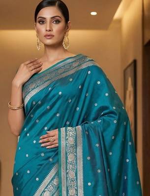Teal zari silk blend designer banarasi saree 2
