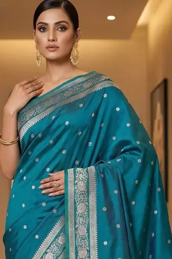 Teal zari silk blend designer banarasi saree