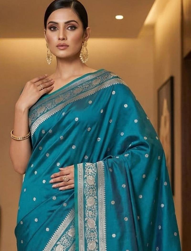 Teal zari silk blend designer banarasi saree